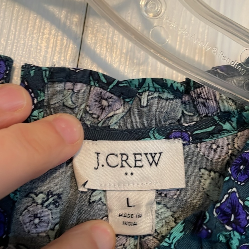 NWT J Crew L floral tunic top teal w purple flowers ruffle crew neck long sleeve - Picture 3 of 7